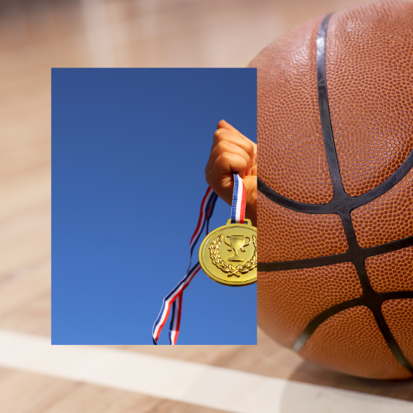 picture of a gold medal against image of a basketball