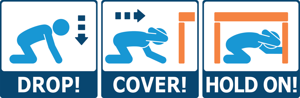 emergency earthquake drill image which says Drop! Cover! and Hold on!  