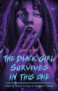 The Black Girl Survives in This One - purple-tinged book cover featuring a Black woman with her hands in front of her mouth, her face in an expression of surprise and/or horror