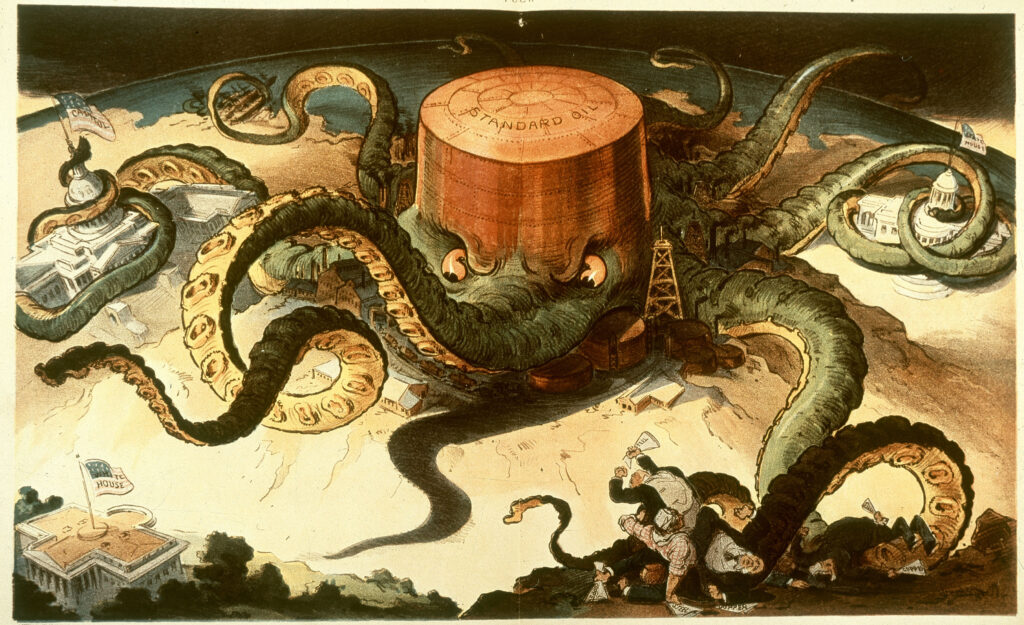 This comic depicts acquisitive Standard oil, founded by John D. Rockefeller, as an octopus with its tentacles in all areas. 